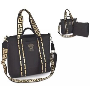 Versace‎ Parfums Black Nylon Tote Bag Gold Greca Strap Medusa Logo with Pouch